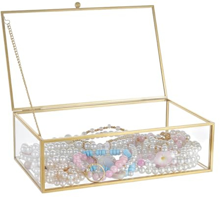 nbeads Goldene Vintage Glasbox mit Deckel, 15.2x10.2x2.55cm Rändern-Dekorative Schmuck-Displaybox mit Kettenscharnier Goldener Organisierer für Armbänder und Ringe Heimdekoration