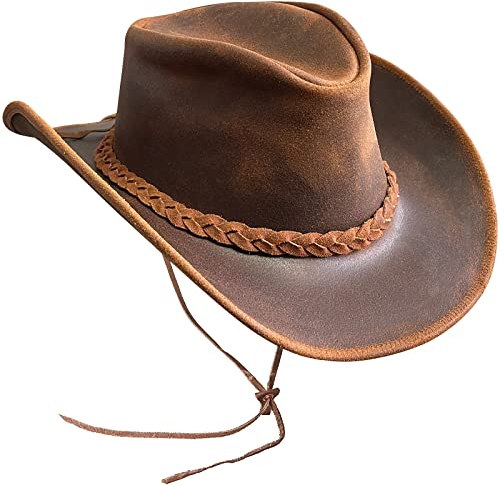 BRANDSLOCK Australischer Lederhut mit geflochtenem Band Original Cowboy Australischer Buschhut (M, Braun)
