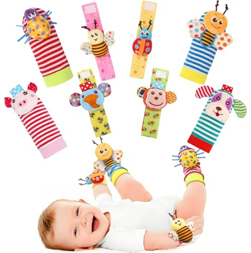 Wrist Rattles Foot Finder Rattle Sock Baby Toy, Rattle Toy, Arm Hand Bracelet Rattle, Feet Leg Ankle Socks, Activity Rattle Present Gift for Newborn Infant Babies Boy Girl Bebe (8 pcs-A)