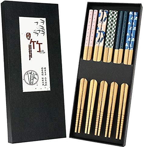 5 Pairs Japanese Natural Bamboo Chopsticks with Unique Pattern Dishwasher Safe, Reusable Non-Slip Chopstick Gift Set for Asian Dishes Sushi Rice Noodles, Nicely Boxed Chinese Chop Sticks
