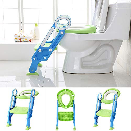 Riduttore Water Bambini Riduttore WC per Bambini con Scaletta Pieghevole per l'addestramento al Vasino, Riduttore WC con Cuscino Tenero (Blu verde)
