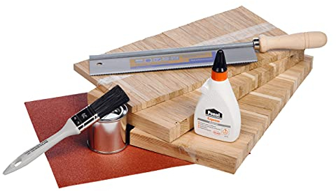 Klötzchenmann Starterset Plus - Eiche Bastelklötzchen mit Holzleim, Feinsäge, Schleifpapier und Holzöl für Deine DIY Projekte