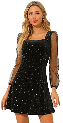 Allegra K Women's Mesh Sheer Puff Long Sleeve Square Neck Glitter Star Mini Velvet Dress