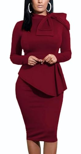 Women's Fashion Peplum Bodycon Long Sleeve Work Dresses Bow Club Ruffle Pencil Formal Cocktail Dress Red Large