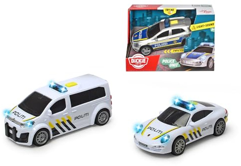 Dickie Toys 203712014SDN - Auto della polizia norvegese con suono e luce - Disponibile in Porsche, Mercedes e Citroën, 15 cm, dai 3 anni in su, batterie incluse