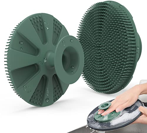 Silicone Sponge, BEAUTAIL Non-Scratch Scrub Sponges for Washing Dishes, Kitchen Fruit Vegetable Cleaning Brush, Long Lasting and Reusable Dishwashing Scrubber, Suction Up for Hang, 1 Pack, Olive Green