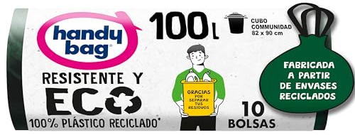 Handy Bag Bolsas de Basura Resistente y Eco 100L, 95% Reciclado, Extra Resistentes, 10 Bolsas