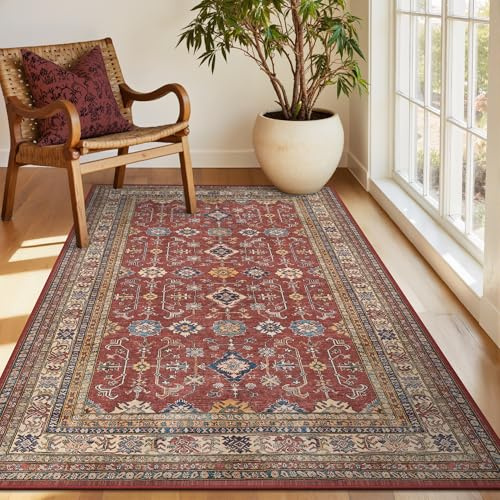 Rugland Teppich, 3 x 5, rutschfest, Vintage, waschbar, Eingangsbereich, Burgunderrot | Niedriger Flor und leicht, faltbar, schmutzabweisend, kleiner Teppich für Wohnzimmer, Küche, Eingang, Fußmatte
