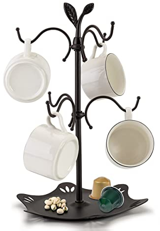 Kaffeebecherhalter für große Tassen, Becherbaum für Theke, Becherhalter für Arbeitsplatte, Becherhalter mit Tablett, Metallbecherbaum mit 6 Haken, Kaffee-Theken-Bar-Zubehör und Küchen-Organizer