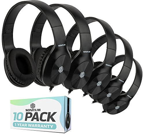 Sonitum Classroom Headphones-Bulk 10-Pack, Student On Ear Comfy Swivel Earphones for Library, School, Airplane, Kids-for Online Learning and Travel, HQ Stereo Sound 3.5mm Jack (Black)