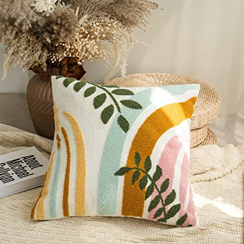 Smiling Onion Stylish Bohu Colorful Throw Pillow Covers 18x18,Soft Mid Century Floral Minimalist Geometric Line Aesthetic Embroidered Throw Pillowcases for Couch Sofa Bedroom Living Room,1PC