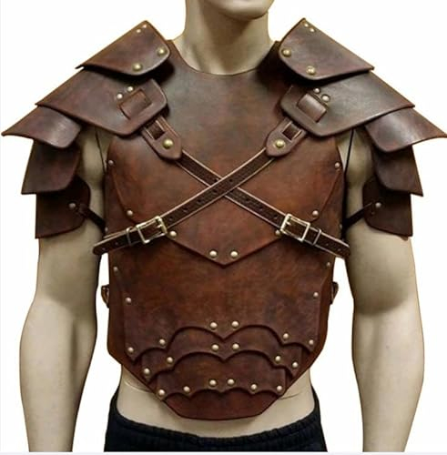 SIULAS Mittelalterlicher Steampunk Brustpanzer Anzug - pu Leder Krieger Schultern Rüstung - Verstellbare Leder Retro Schulterrüstung Ritter Brustpanzer Weste für Rollenspiele und Bühnenauftritte,Braun