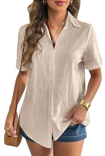 Zeagoo 2025 Cotton Linen Tops Khaki Button Down Shirt Women Summer Short Sleeve Shirts Button Up Blouses Business Casual Light Khaki