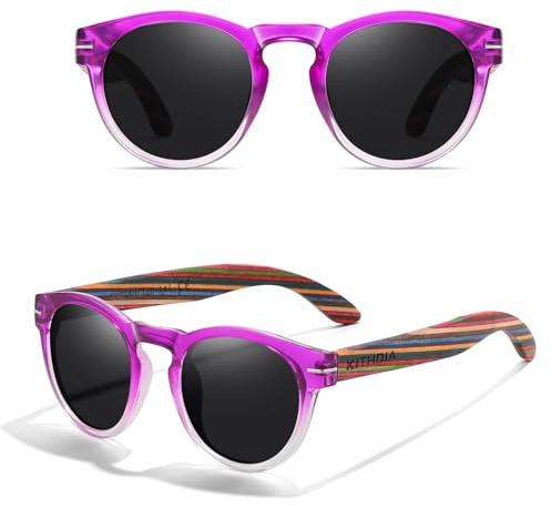 KITHDIA Klassisch Retro Runde Sonnenbrille Damen Polarisierte Sonnenbrille Holz mit UV400 Schutz S5092