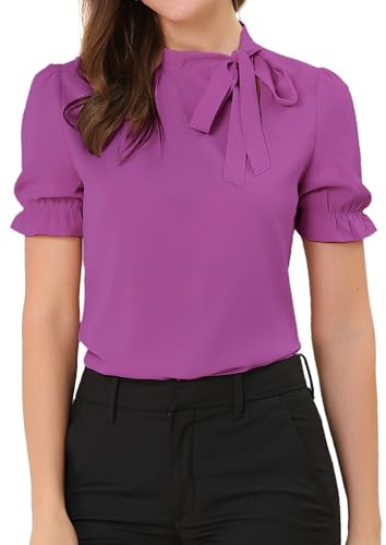 Allegra K Eleganta damblusar med rosetter, skjortor med fluga, kortärmad topp kontor, Lila plommon, L