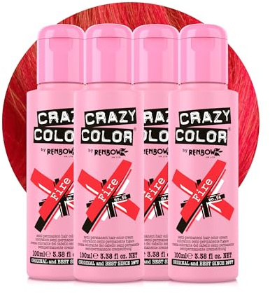 Crazy Color Vibrant Fire Semi-Permanent 4 Pack Quad Hair Dye. Highly Pigmented Pillarbox Red Conditioning & Oil Nourishing Vegan Formula No Bleach or Ammonia 400ml