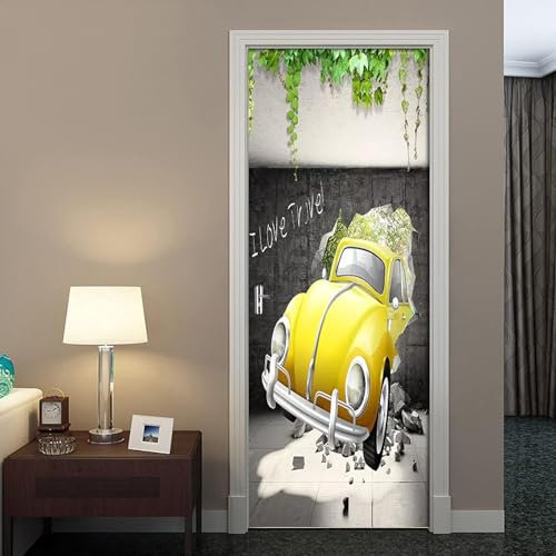 Türaufkleber Türtapete Cartoon-Gelbes Auto 90 X 200 Cm / 35 X 78,7 Zoll Selbstklebend Türposter - Kinderzimmer Fototapete Türfolie Poster Tapete Türaufkleber 3D Decoration Aufkleber Vinyl Selbstkleben