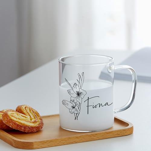 Liskanap Personalised Glass Coffee Mug with Birth Flower & Name Custom Clear Coffee Cup with Handle, Gift for Wedding Mother's Day Bridesmaid (A)