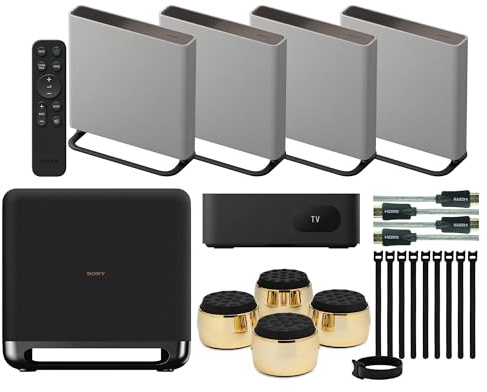 Sony BRAVIA Theater Quad Home Theater Surround Sound System with 4 Wireless Speakers (Gray) Bundle SASW5 Wireless Subwoofer, Monitor Isolation Pads, HDMI Cable, and Cable Ties (5 Items)