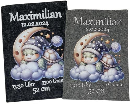 U Heft Hülle und Impfpass aus Filz - Personalisiert mit Namen - Untersuchungsheft Schutzhülle - Babygeschenke zur Geburt - Kinderuntersuchungsheft Mädchen und Junge - Schildkröte