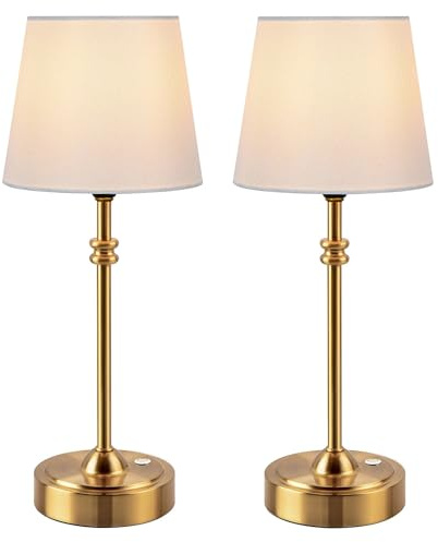 ONEWISH Cordless Table Lamps Set of 2 - Battery Powered Lamp, 4000mAh Rechargeable, Stepless Dimmable, Wireless Lamp with Fabric Shade, 2700K Warm Ambient Light for Dining, Patio, Bathroom(Gold)