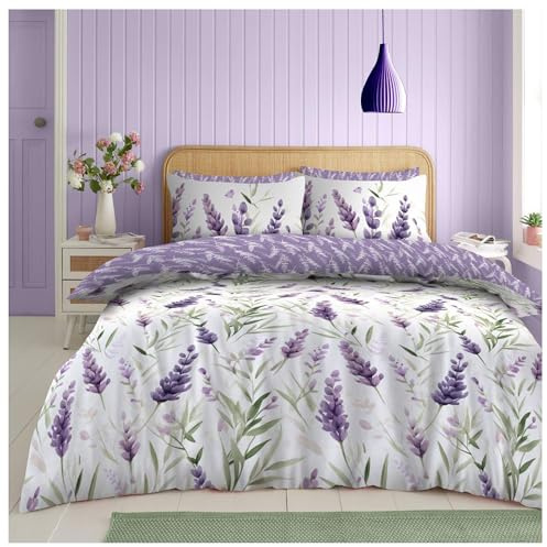 Lions Purple Bedding Sets - Duvet Cover Double Bed with Matching Pillowcase, Reversible Blossom Floral Quilt Covers, 3 Piece Poly Cotton, Easy Care, 200x200cm
