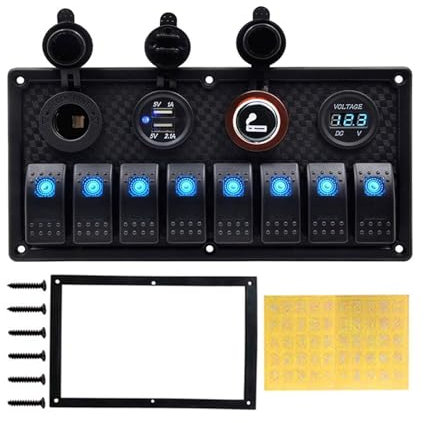 MUEOSI Panneau de commutation, for disjoncteur marin 12 V 24 V for voiture, bateau, camion, double port de charge USB, prise d'alimentation 3,1 A, voltmètre numérique tableau électrique(Blue 8 Gang Sw