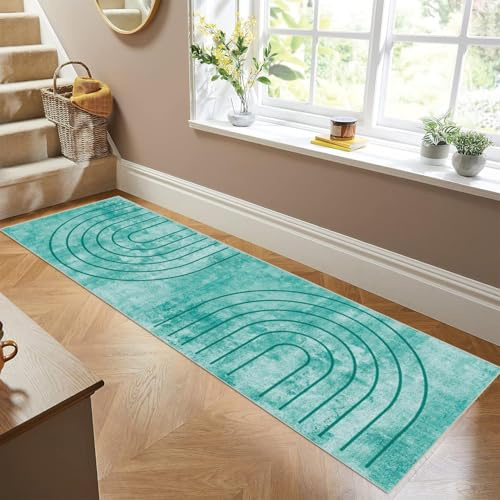Siunwdiy Teppich Läufer Flur Küche rutschfest Waschbar Kurzflor Küchenläufer Lang Korridor Teppich Läufer Einfarbig Modernes Muster 60x300cm Türkis Küchenteppich Flurteppich Meterware Anpassbar