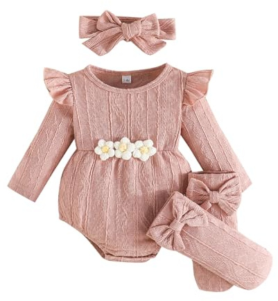 Kunyeah 3Pcs Bebé Niña Trajes Mono de manga larga con volantes para bebé + cinta para el pelo con lazo + calcetines Mono de flores para recién nacido