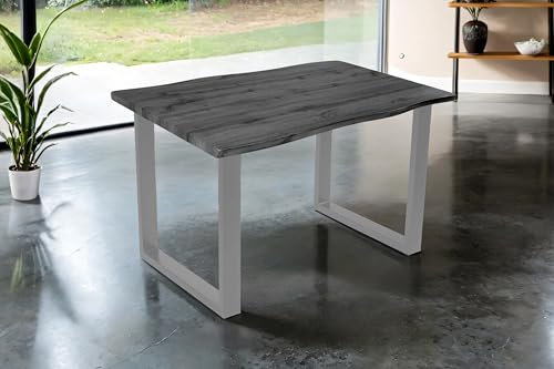 SAM Esstisch Josy | 140 x 80 cm | Holz-Optik in Grau | U-Gestell Metall Silber | 40 mm Tischplatte mit Baumkante | Tisch für Esszimmer & Küche