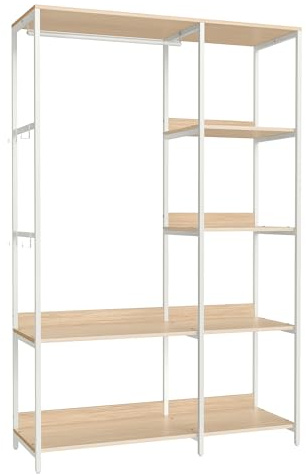 SONGMICS Guardaroba, Stand Appendiabiti, Armadio Aperto con Aste per Appendere, Ripiani Portaoggetti, Ganci Rimovibili, 40 x 98 x 181 cm, Beige Naturale e Bianco Opaco RGR024W01