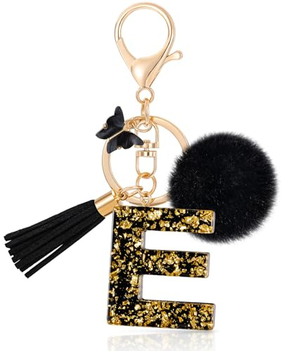 MWOOT Initiale Letter Keychains Porte Clé Lettre E,Alphabet Initial Keyring avec Papillon Pompon Pendentif,Porte-clés Noir Feuille D'or Key Ring pour Femmes Portefeuilles Bagages Charme (E)