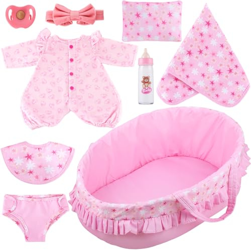GAGAKU 18 Inch Doll Bassinet - Baby Doll Bed with Carry Handle & Pink Accessories Set for Girls & Kids, Reborn Baby Dolls Accessories