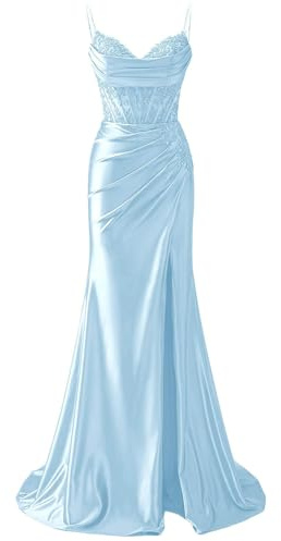 YIANN Light Blue Satin Prom Dresses with Slit for Women Lace Applique Mermaid Formal Dress Evening Gown UK6