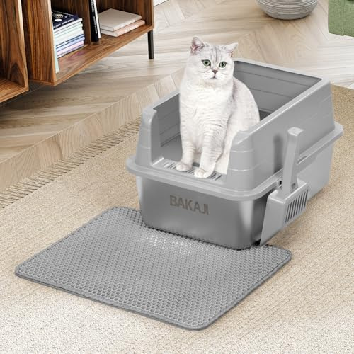 BAKAJI Lettiera per Gatti XL Aperta con Base in Acciaio con Bordo Anti Sabbiolina, Paletta per Raccolta, Tappetino Anti Sporco, Base Antiscivolo, Capacità 25 Litri, Colore Grigio, 50 x 35 x 30 cm