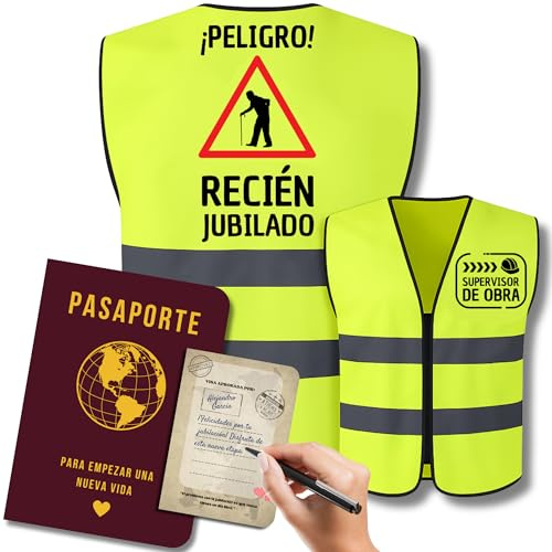 Regalo de jubilación divertido para hombre | Chaleco reflectante jubilado y Libro de firmas | Tarjeta despedida trabajo, Tarjeta felicitacion jubilacion y decoración (¡Cuidado! Jubilado en Acción)