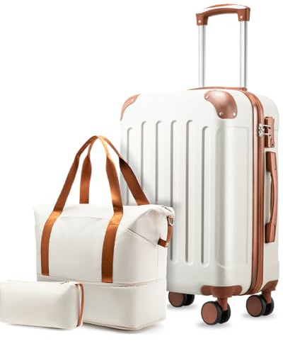 YOETEY Carry On Luggage 22x14x9 Airline Approved, Hardside Suitcase with Wheels, TSA Approved, Tote Bag, White Brown