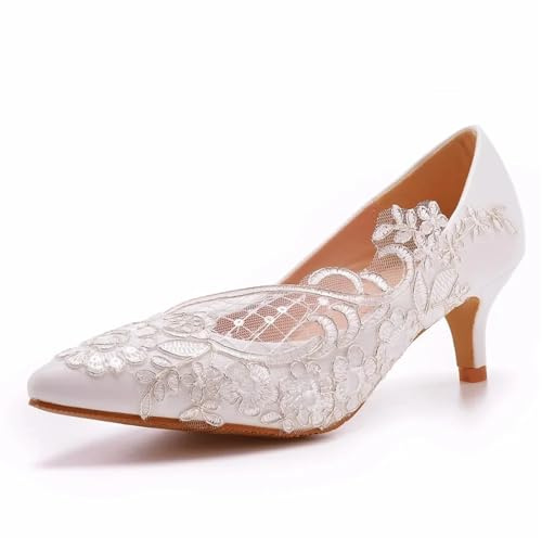 Brudskor bröllopsskor brud vita skor kvinnliga höga klackar ankelremmar pumps damskor strass spets festsko, Vit, 34 EU