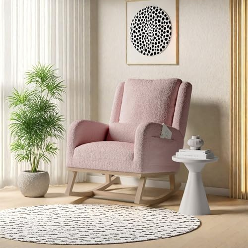 FEEOHOME Fauteuil à Bascule, Chaise a Bascule, Fauteuil Chambre Bebe avec accoudoirs et Poches, Chaise Loisir avec Pieds en Bois Massif pour Chambre, Salon, Velours Teddy (Rose)