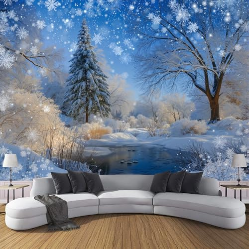 SMBHIAON Winter Snowflake Scenery Murals,Garden Pond Scene Wall Mural Wallpaper, Navy Blue Wallpaper for Bedroom Living Room Decor 138 X 101 (Not Self-Adhesive)