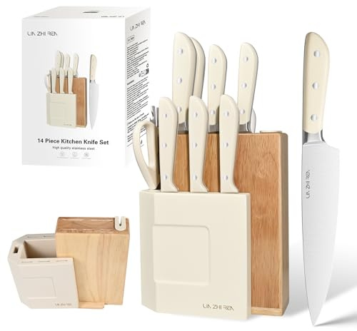 LIN ZHI REN Messerblock Set, 14-teilig, Küchenmesser zum Schneiden, Hacken, Würfeln & Schälen, Weiß