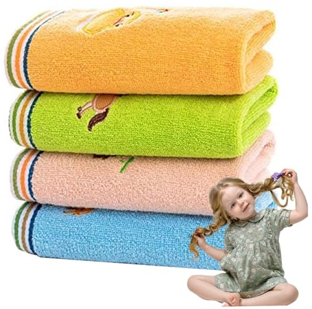 Handtuch für Kinder, 4 Stück, 25, 4 x 50, 8 cm, niedliche Cartoon-Tier-Stickerei, Kinderhandtücher, Baumwolle, wasserabsorbierend, rechteckig, atmungsaktiv, Gesichtshandtuch, Handtücher für Badezimme