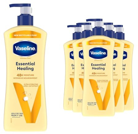 Vaseline Intensive Care Body Lotion Essential Healing 6 Pack, Deeply Moisturising Body Moisturiser for Dry Skin, Fast Absorbing Formula with Micro Droplets of Vaseline Jelly, 600 ml
