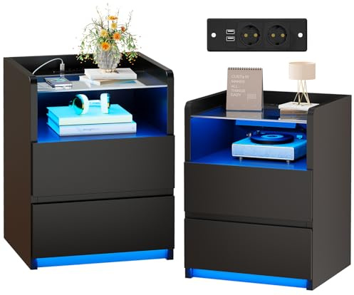 ANWBROAD Nachttisch 2er Set mit LED-Lichtern Glasplatte Ladestation und 2 Schubladen Nachtschrank mit USB-Anschlüssen und Steckdosen Beistelltisch Modern für Wohnzimmer Schlafzimmer Schwarz BNS001B