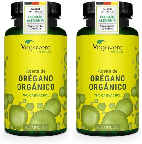 Aceite de Orégano Vegavero | El ÚNICO ORGÁNICO Y VEGANO | Antioxidante + Cándida + Antiinflamatorio Natural | Oregano Oil | 70% Carvacrol + 2,5% Timol | Sin Aditivos (Paquete de 2)