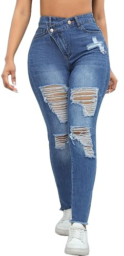 JEShifangjiusu kvinnor hög midja rippade smala jeans asymmetrisk kors midja stretch denimbyxor slitna slitna fållbyxor, BLÅ, XXL