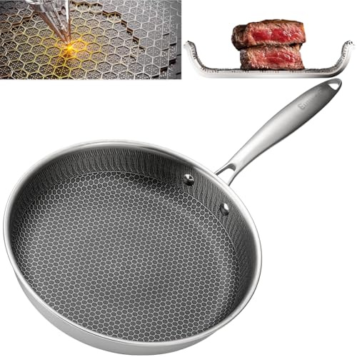 EliteHoff Premium stekpanna 26 cm, non-stick rostfri stekpanna med bikakestruktur, universell induktionspanna för alla typer av spisar, PFOA-fri, ugns- och diskmaskinssäker, silver (E-7548)