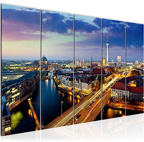 Runa Art Wandbild XXL Berlin Wohnzimmer Büro 200 x 80 cm Blau Gold 5 Teilig - Made in Germany - 605155a