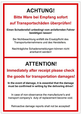 Verpackungskennzeichen Achtung! Bitte Ware bei Empfang sofort überprüfen zweisprachig 500 St. 105 x 148 mm Haftpapier Paketaufkleber Versandaufkleber Etiketten