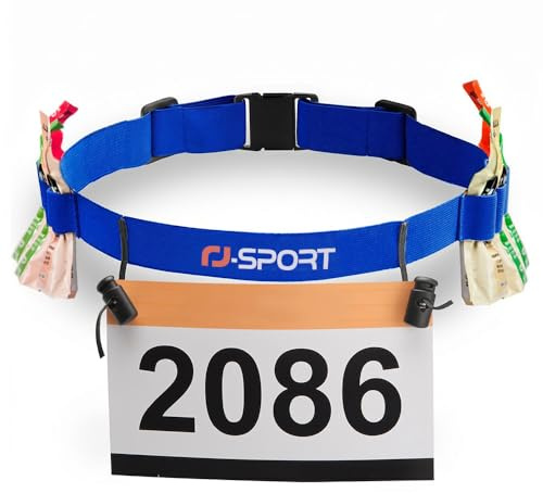 RJ-Sport Cinturón de número de Carrera, Soporte para cinturón de Carreras de triatlón con 6 Trabillas de Gel energético para triatalón, maratón, Correr y Ciclismo, 03 Azul Marino, Talla única